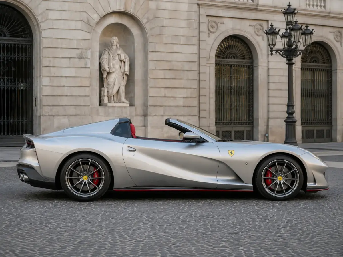 Ferrari 812 GTS 2024, profil latéral — Nice Luxury Car Rental, Nice. Ferrari 812 GTS in Nice Le Ferrari 812 GTS 2024 est proposé à la location à Nice pour les…