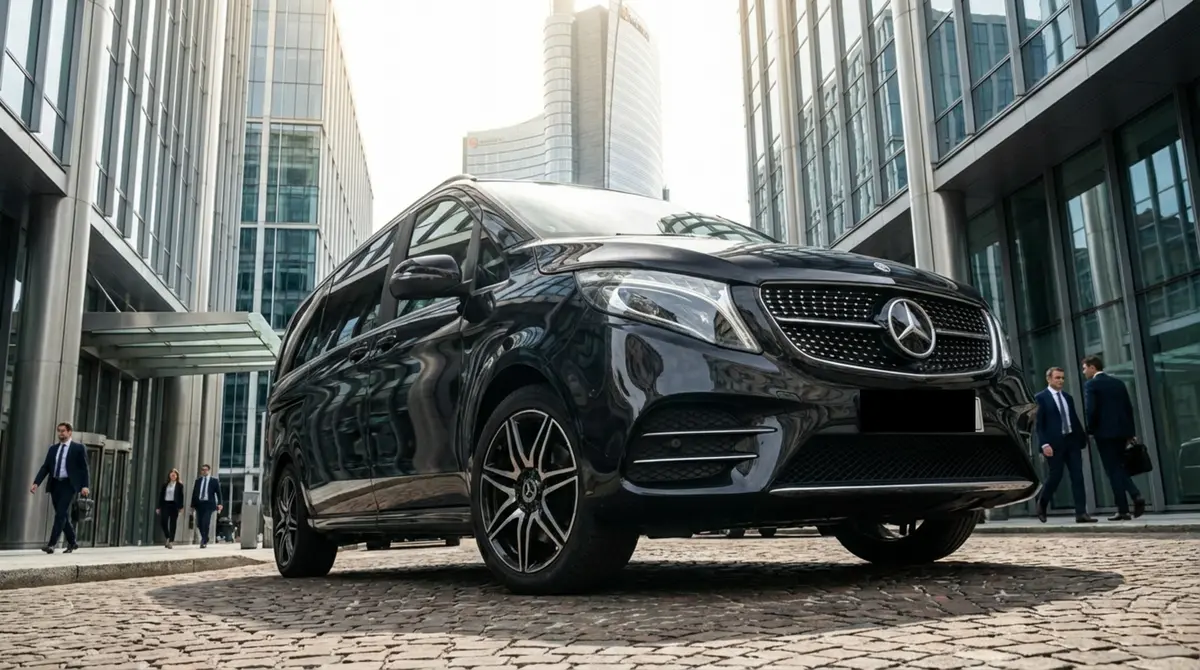 Mercedes V Class 2026, extérieur — Nice Luxury Car Rental, Nice. Mercedes Benz V Class in Nice Le Mercedes V Class 2026 est proposé à la location à Nice…