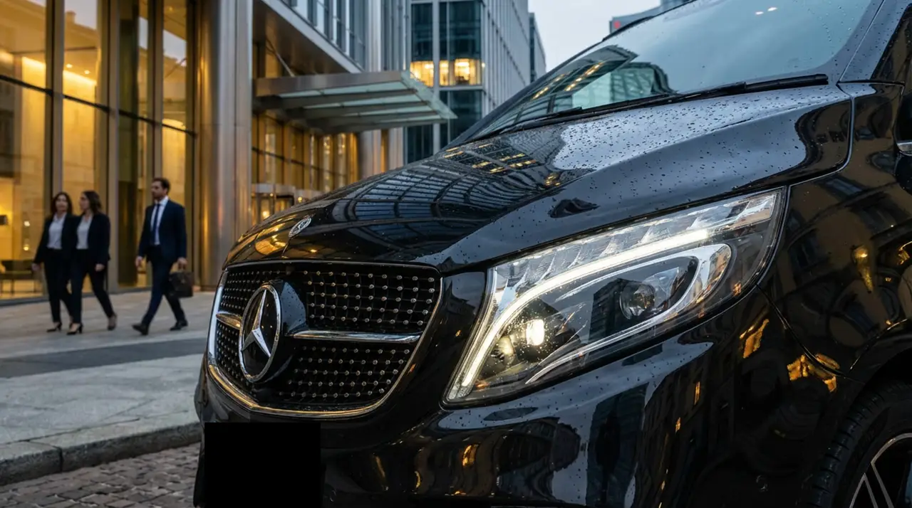Mercedes V Class 2026, vue avant — Nice Luxury Car Rental, Nice. Mercedes Benz V Class in Nice Le Mercedes V Class 2026 est proposé à la location à Nice…