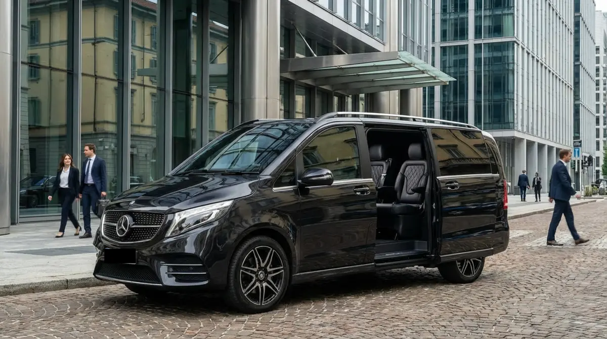 Mercedes V Class 2026, intérieur — Nice Luxury Car Rental, Nice. Mercedes Benz V Class in Nice Le Mercedes V Class 2026 est proposé à la location à Nice…